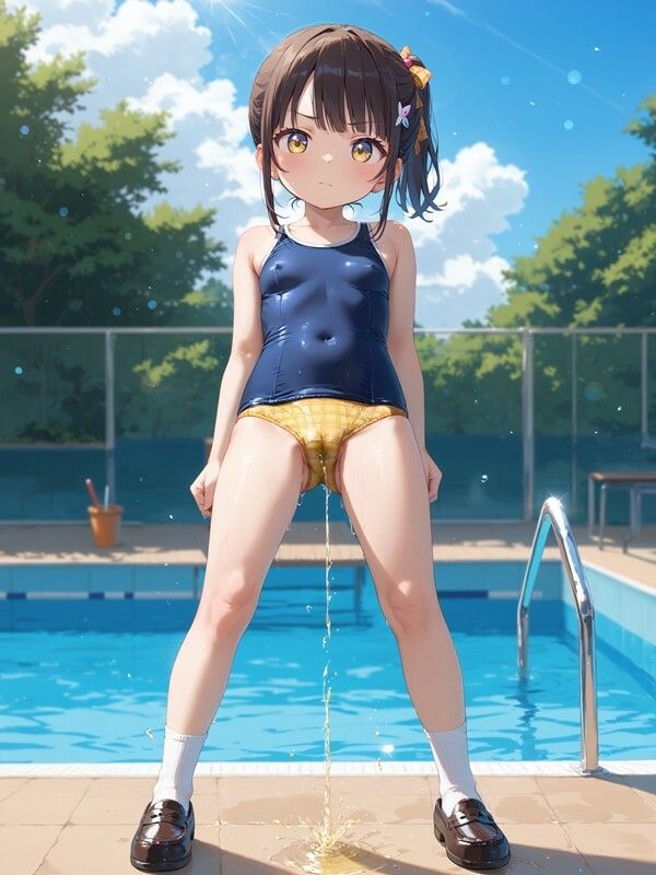 サンプル画像4:スクール水着っぽいのを着たかわいい女の子がパンツをはいたままおしっこをおもらししている画像集2(えっふぇれ) [d_543868]