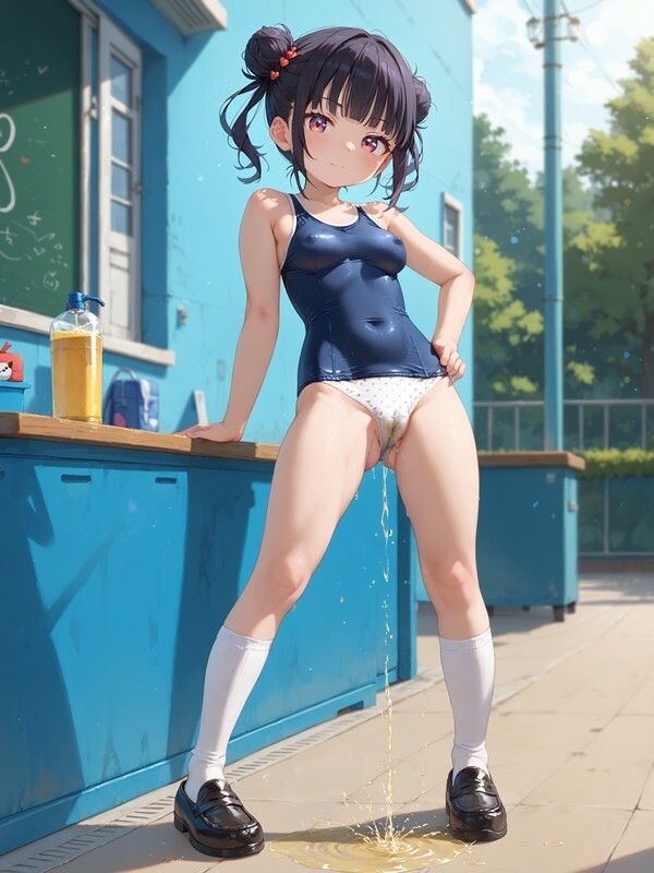 サンプル画像6:スクール水着っぽいのを着たかわいい女の子がパンツをはいたままおしっこをおもらししている画像集2(えっふぇれ) [d_543868]