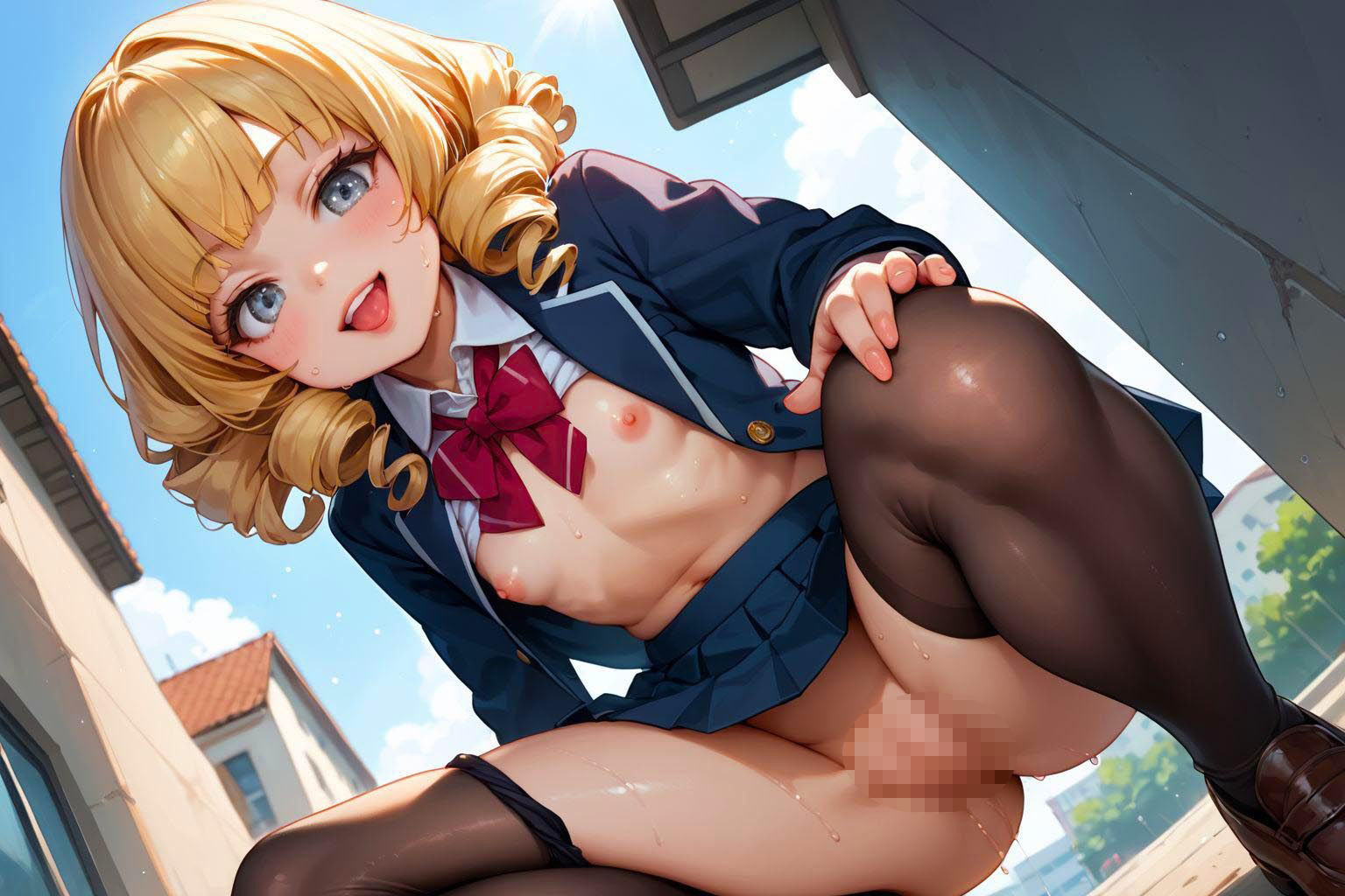 お父さんと金髪18歳娘の野外ノーパンチラのスジマン撮影会 【AIグラビアNo006】横向きバージョン