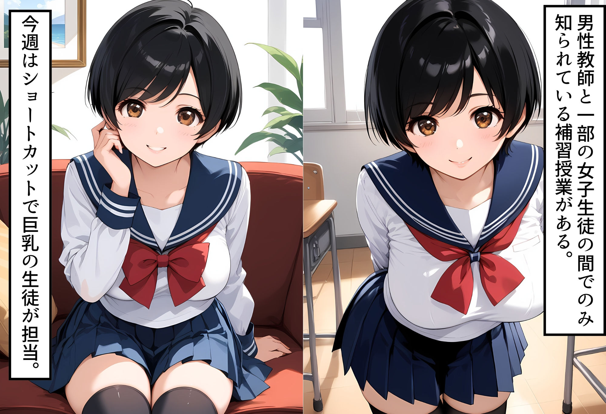 サンプル画像1:ショートカット巨乳女子校生が担当  教師ちんぽあまあま補習授業(どまんなか) [d_553642]