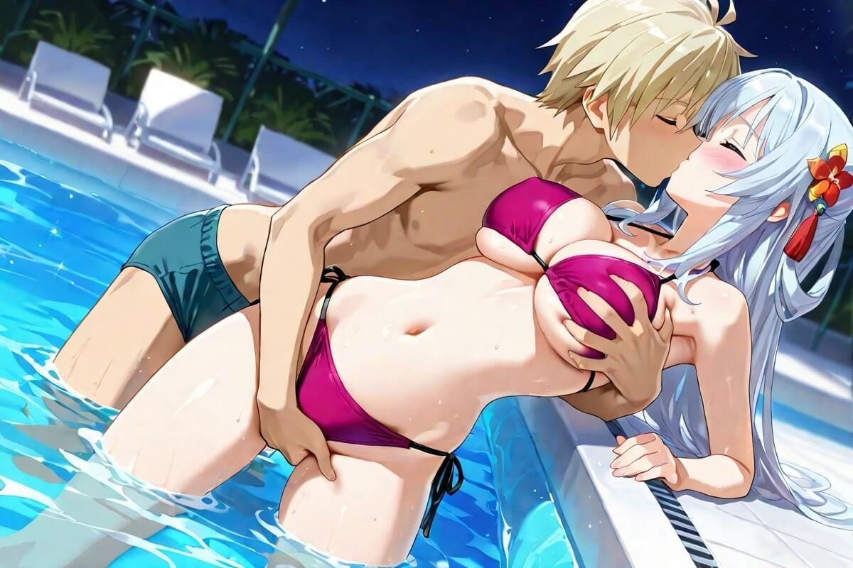 夜のプール、甘い吐息 キスと水音、二人だけの秘密 画像1