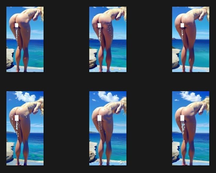 サンプル画像1:失禁写真アート:ごめんなさい、女子トイレ混んでて・・・、外でしちゃうね・・・。快晴の海のおもらしのひとこま、屋外全裸金髪女の立ち小便、爆尿一歩手前、ちょろちょろおしっこ。(EROISM‘s OPP-AI) [d_557672]