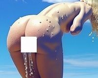 サンプル画像5:失禁写真アート:ごめんなさい、女子トイレ混んでて・・・、外でしちゃうね・・・。快晴の海のおもらしのひとこま、屋外全裸金髪女の立ち小便、爆尿一歩手前、ちょろちょろおしっこ。(EROISM‘s OPP-AI) [d_557672]