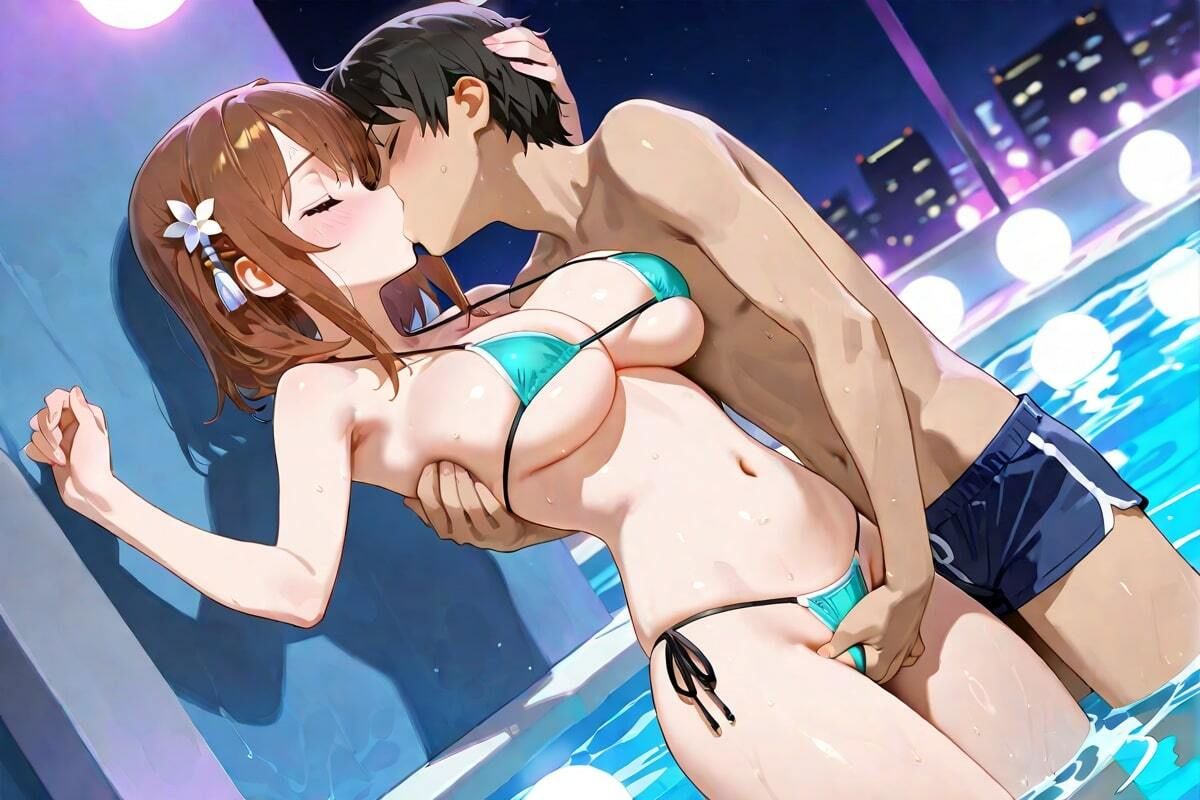 サンプル画像3:夜のプールサイド  濡れた素肌、熱いキスと恋の予感(なんこつくん) [d_559303]