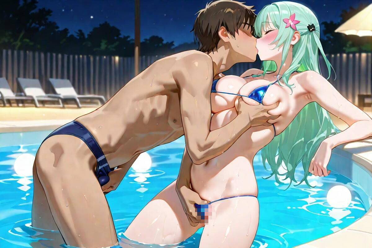 サンプル画像5:夜のプールサイド  濡れた素肌、熱いキスと恋の予感(なんこつくん) [d_559303]