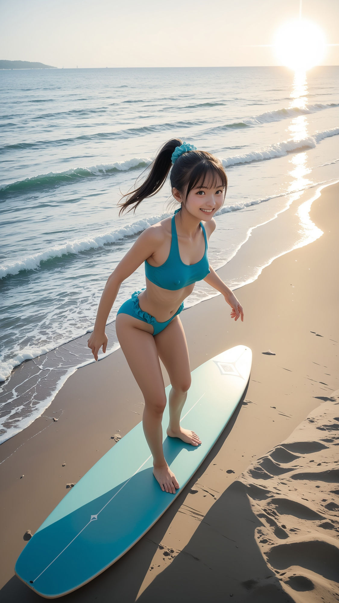 ひと足早い海開きで波乗りしている美女。 画像1