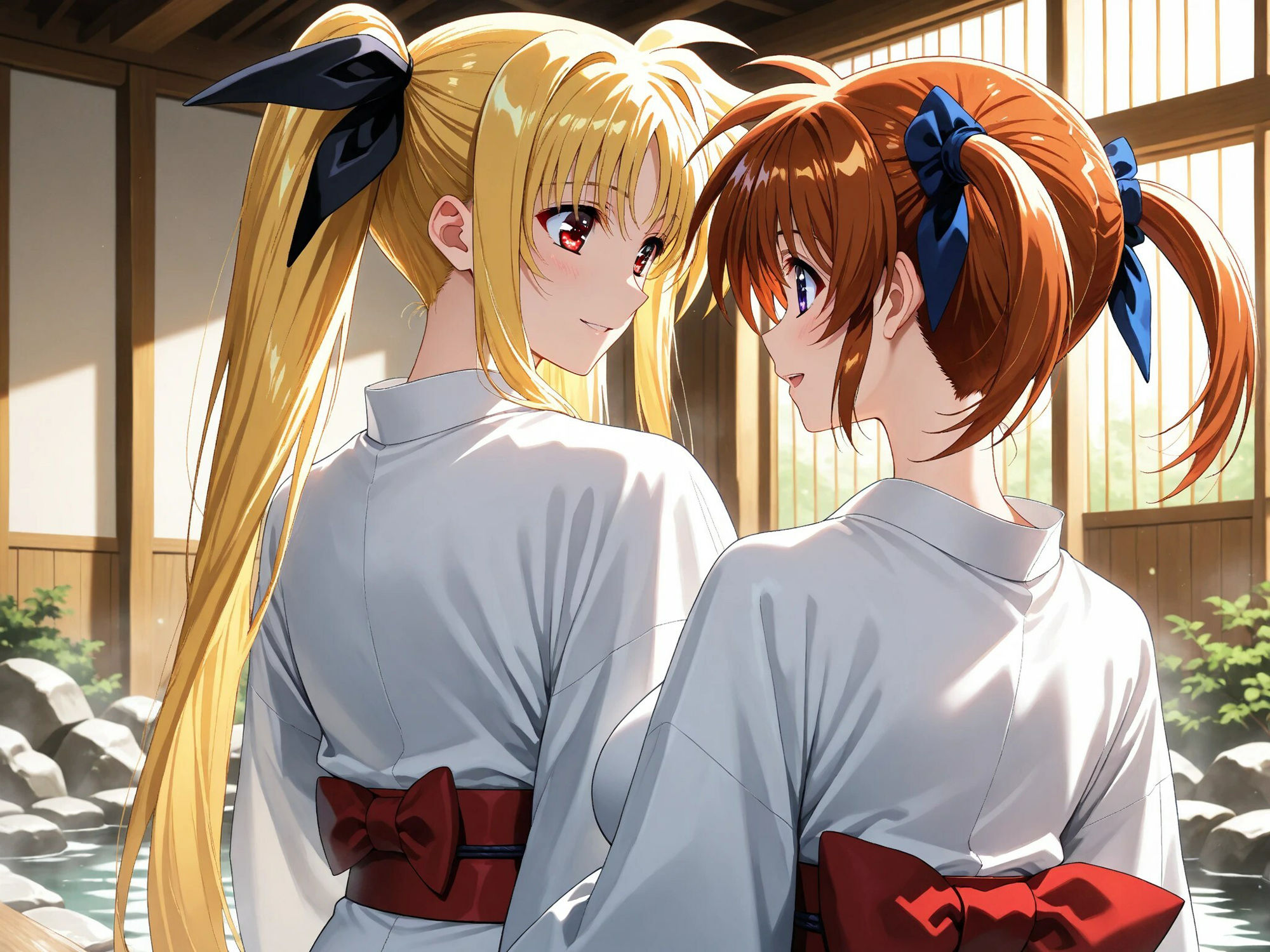 サンプル画像1:【発情ヒロイン】【百合】魔法少女リリカルな●は  高町な●は＆フェイト  温泉イチャコラ編(画像生成マン) [d_561795]