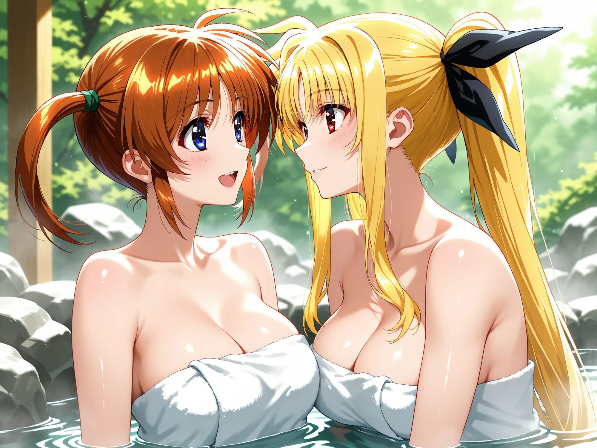 サンプル画像2:【発情ヒロイン】【百合】魔法少女リリカルな●は  高町な●は＆フェイト  温泉イチャコラ編(画像生成マン) [d_561795]