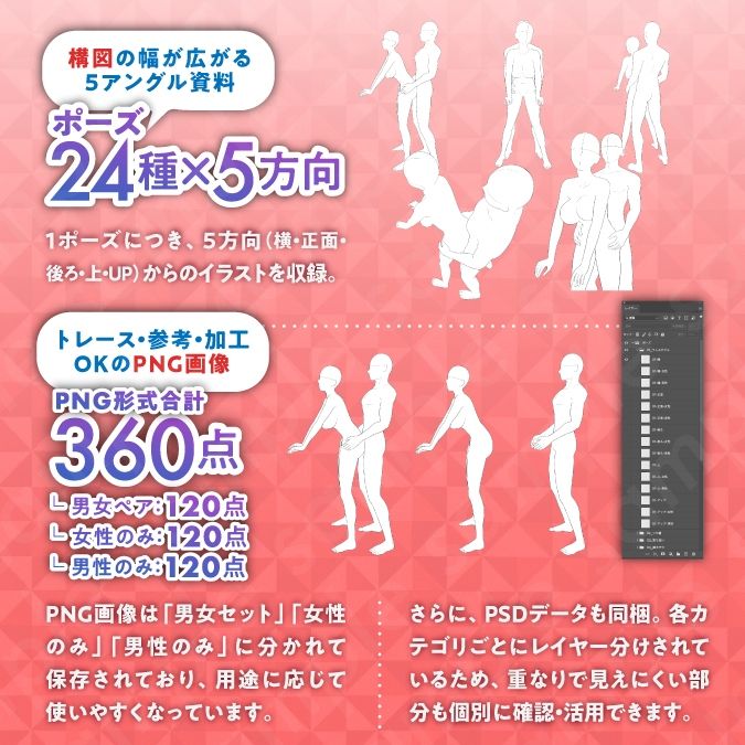 サンプル画像1:【トレース・参考・加工OK】男女のSEX線画ポーズ素体集/表48手（上）【24ポーズ・全360点・5方向ビュー付き】(素材WIZPACK) [d_565562]