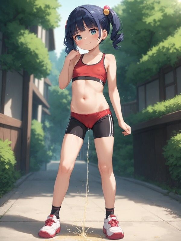 スパッツっぽいのをはいたかわいい女の子がパンツをはいたままおしっこをおもらししている画像集1 画像2