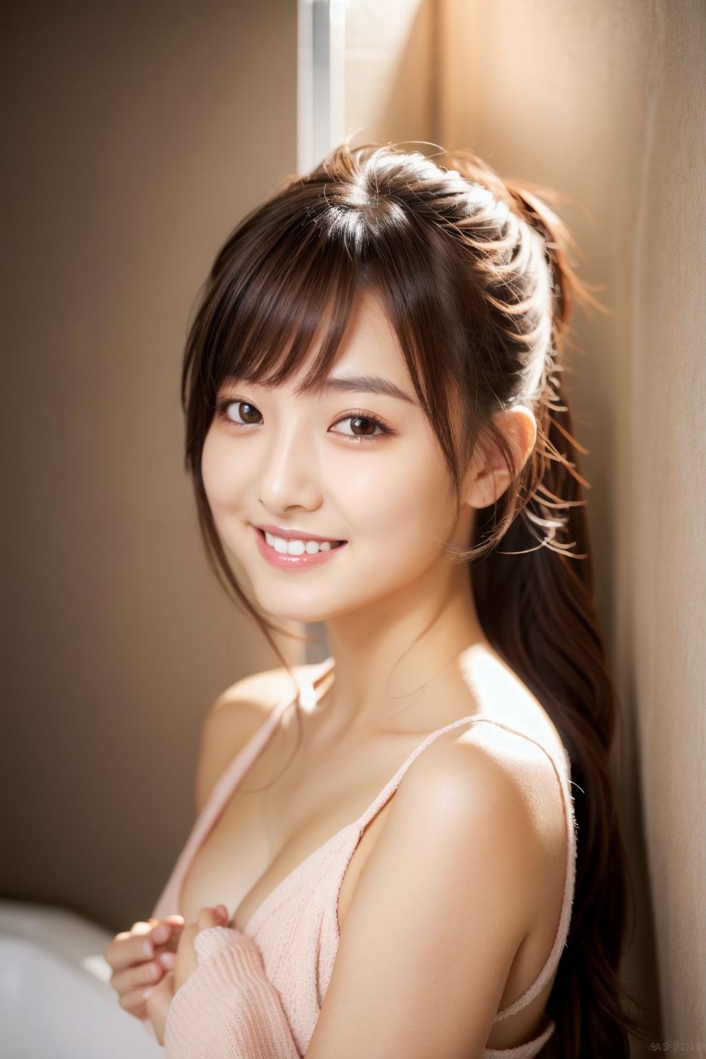 バスルームの笑顔美女おっぱい 女裸1 画像1