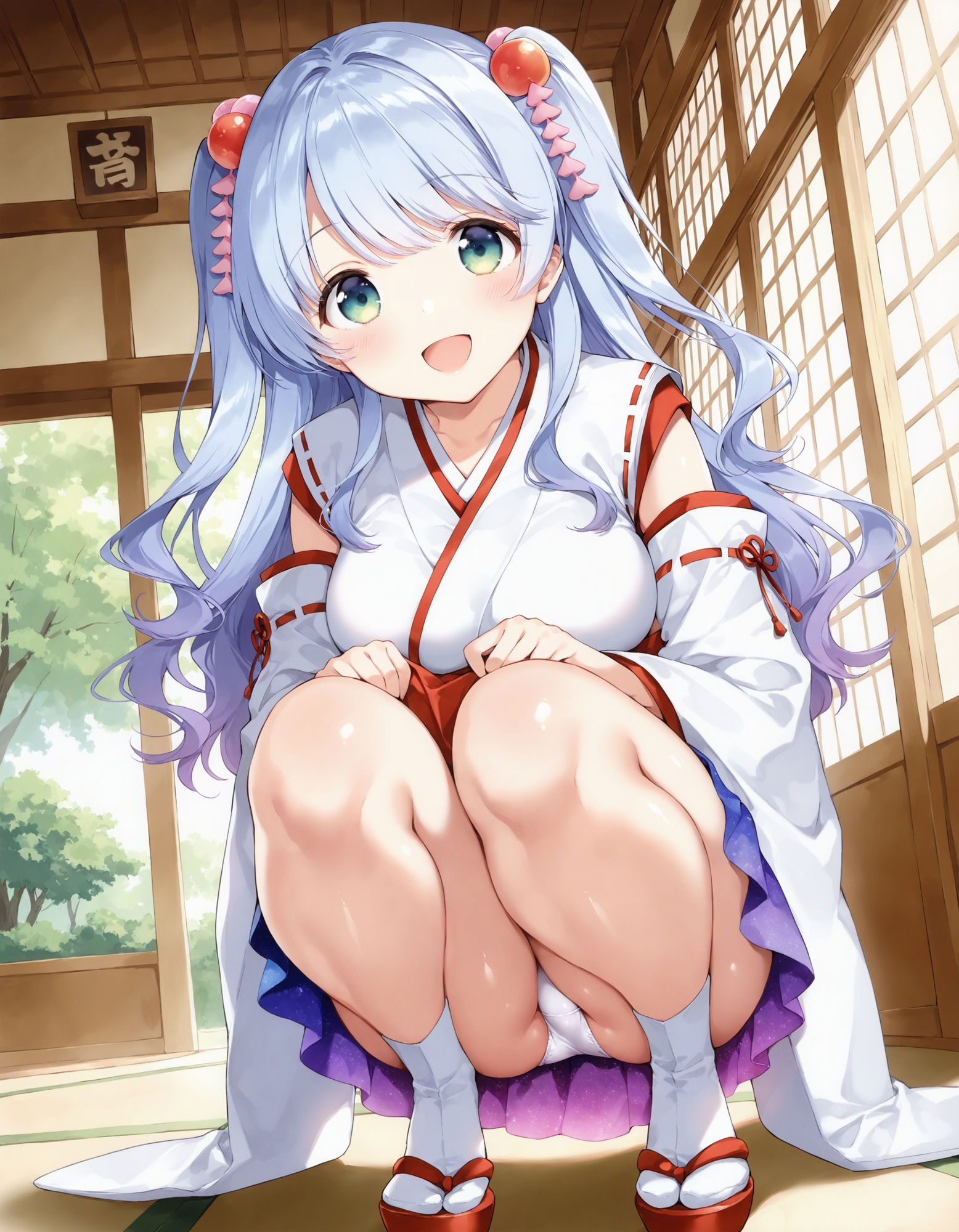 巫女コスでしゃがみパンチラ 画像1