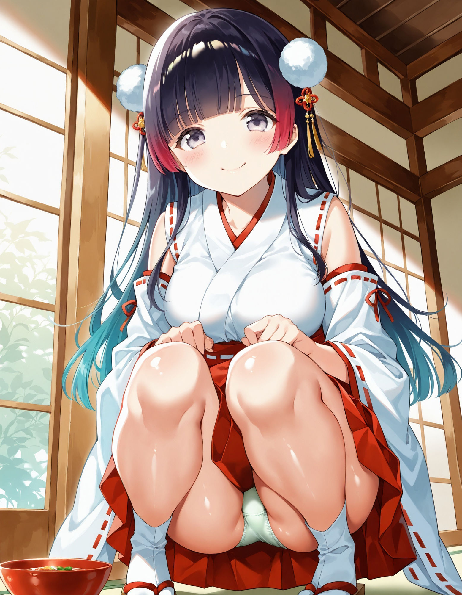 巫女コスでしゃがみパンチラ 画像2
