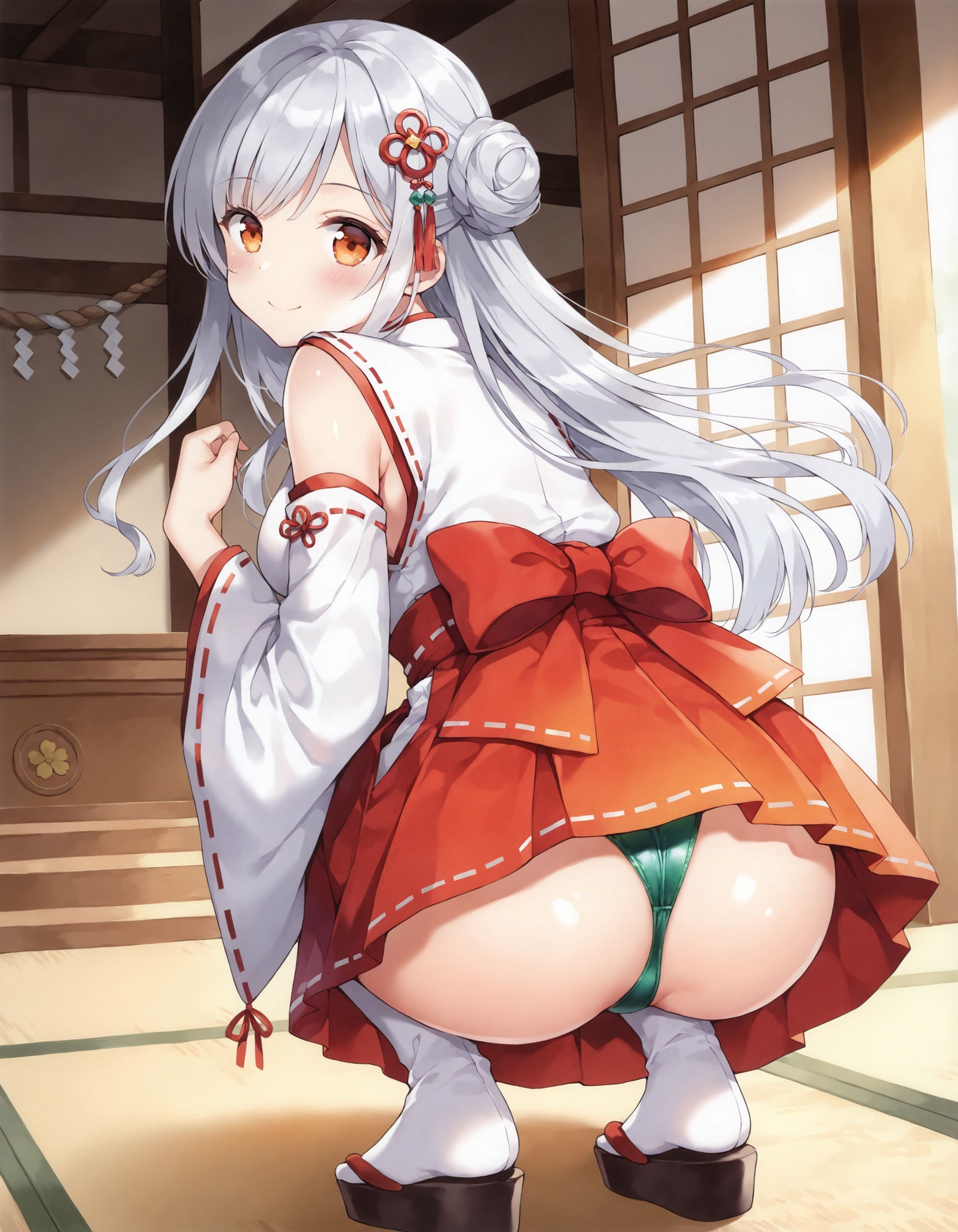 巫女コスでしゃがみパンチラ 画像8
