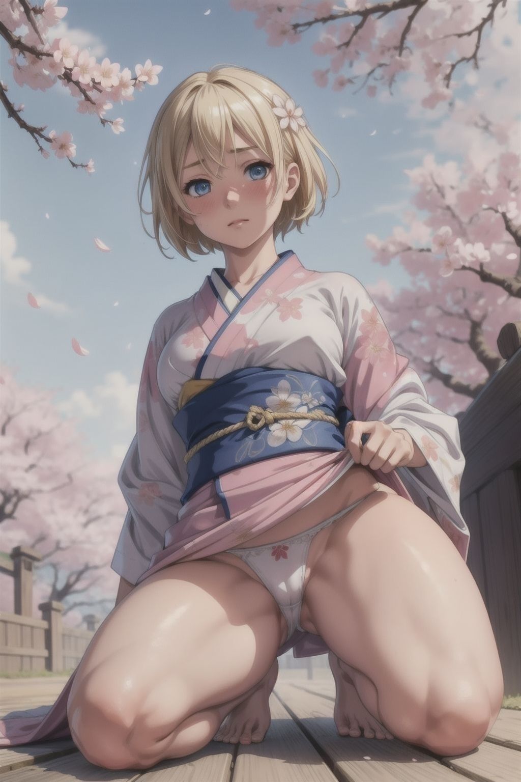 ブロンドショートの桜と着物 画像1