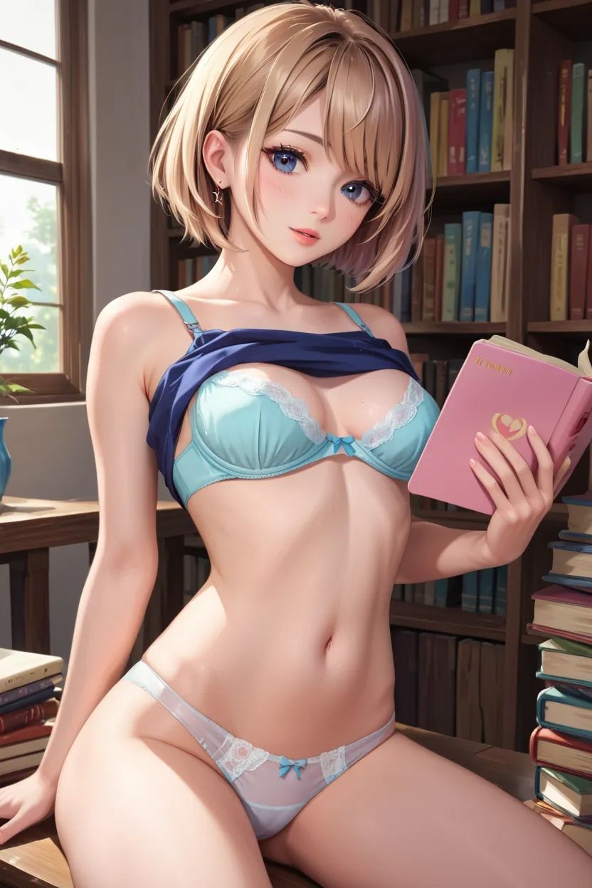 サンプル画像1:ショートカットの美少女と静かな図書館で…(百軒侍) [d_574616]