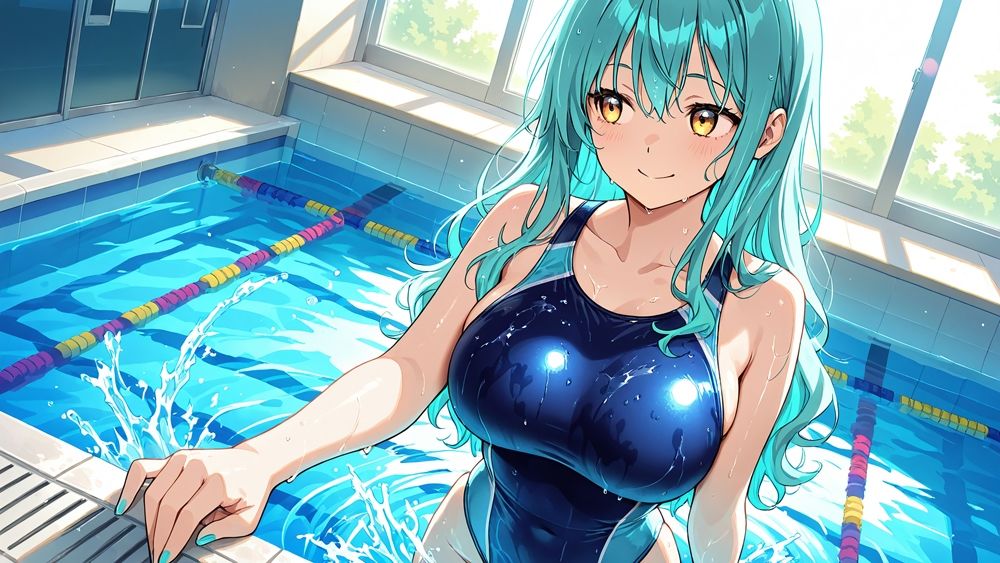 サンプル画像6:爆乳水色灰色ヘア水泳部員が新任コーチと生ハメ特訓【4K】(ニート印刷所) [d_574977]