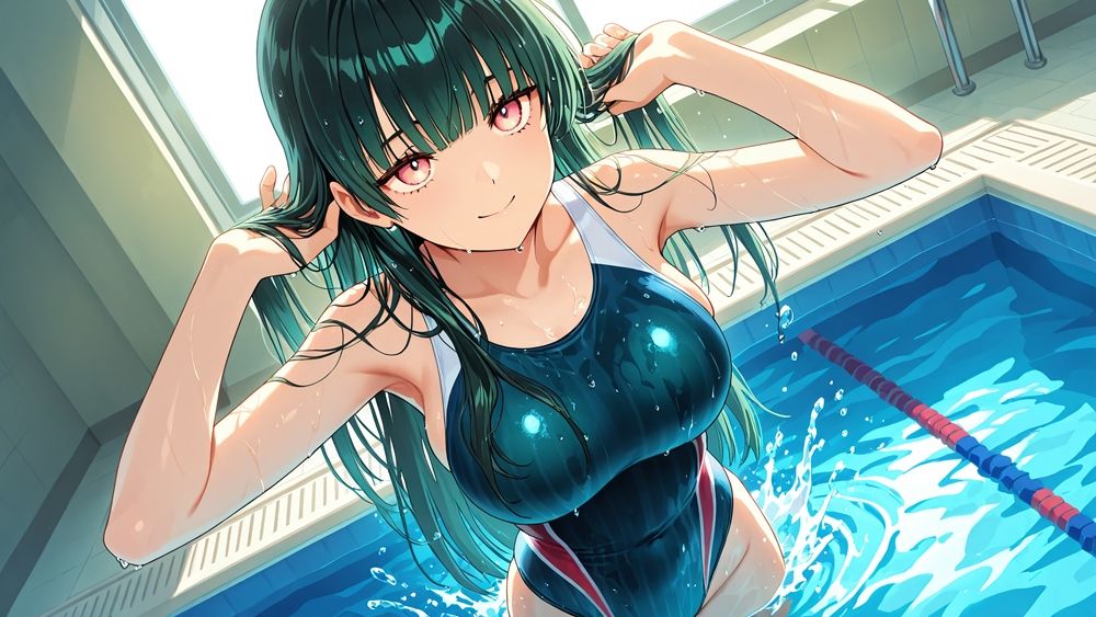 サンプル画像4:緑髪長身姉と茶髪妹が水泳コーチと競泳水着3P中出し【4K】(ニート印刷所) [d_577014]