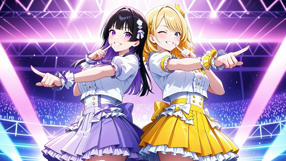 サンプル画像2:爆乳黒髪アイドルと元気系金髪アイドルがプロデューサーと濃厚種付け撮影会【4K】(御一堂) [d_580441]