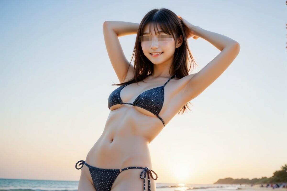 腋チラしながら微笑む女神ビキニ美女 画像1