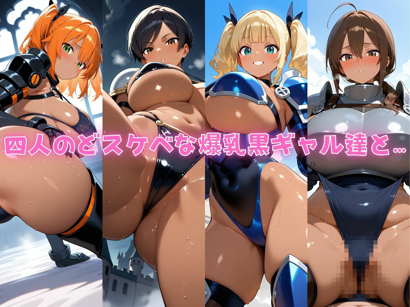 4人の爆乳黒ギャルビキニ女騎士汗だくSEX 画像1