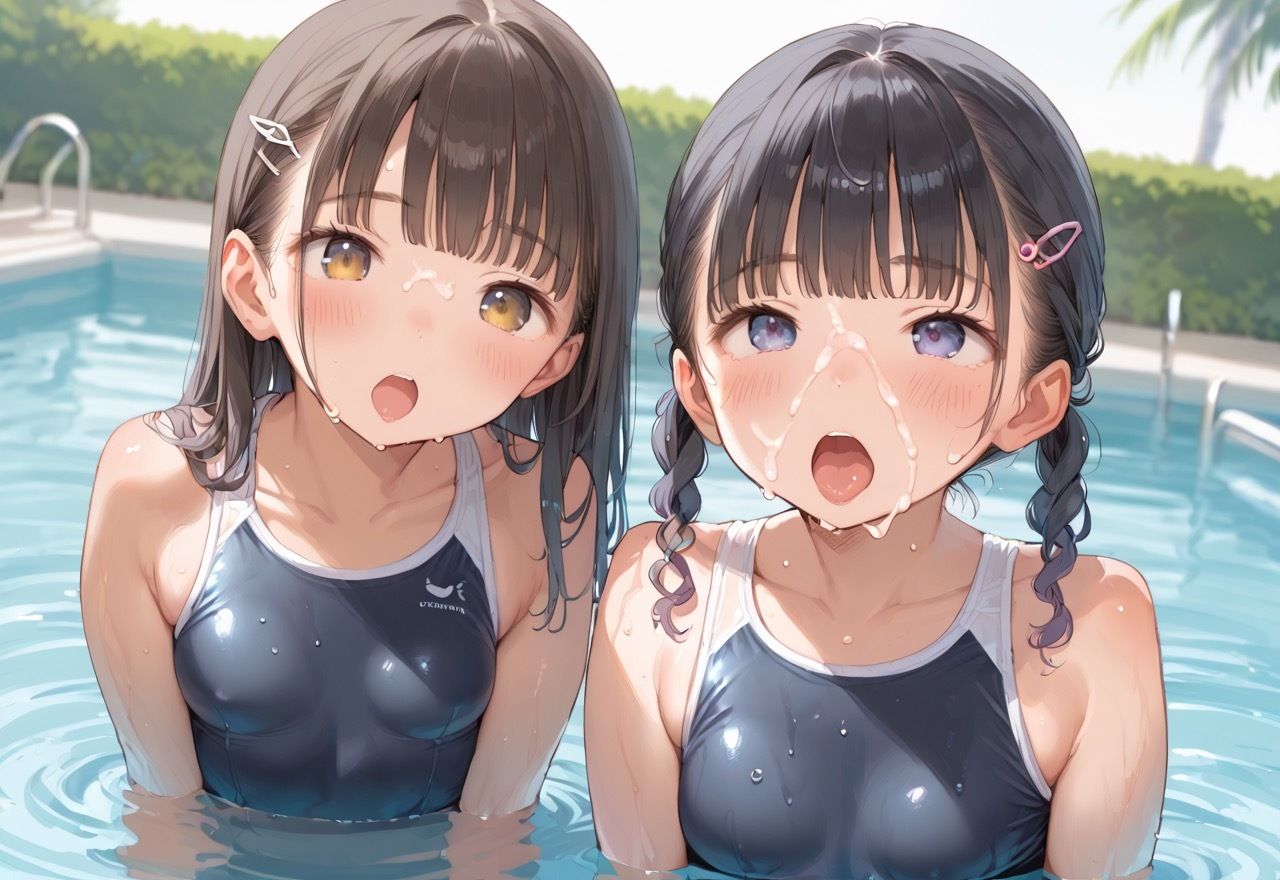 授業の後のプールサイドでつるぺた生徒にぶっかけ性指導 画像1