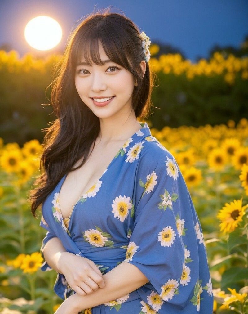 サンプル画像1:【美女名録】vol3.15  向日葵の夜──ひまわり畑で待つ君  203枚【AIグラビア写真集】(AI美女制作参謀本部2課) [d_584543]