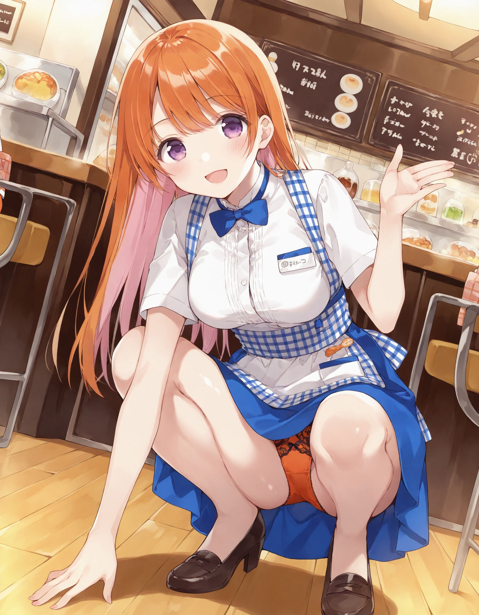ウェイトレスのしゃがみパンチラ 画像1