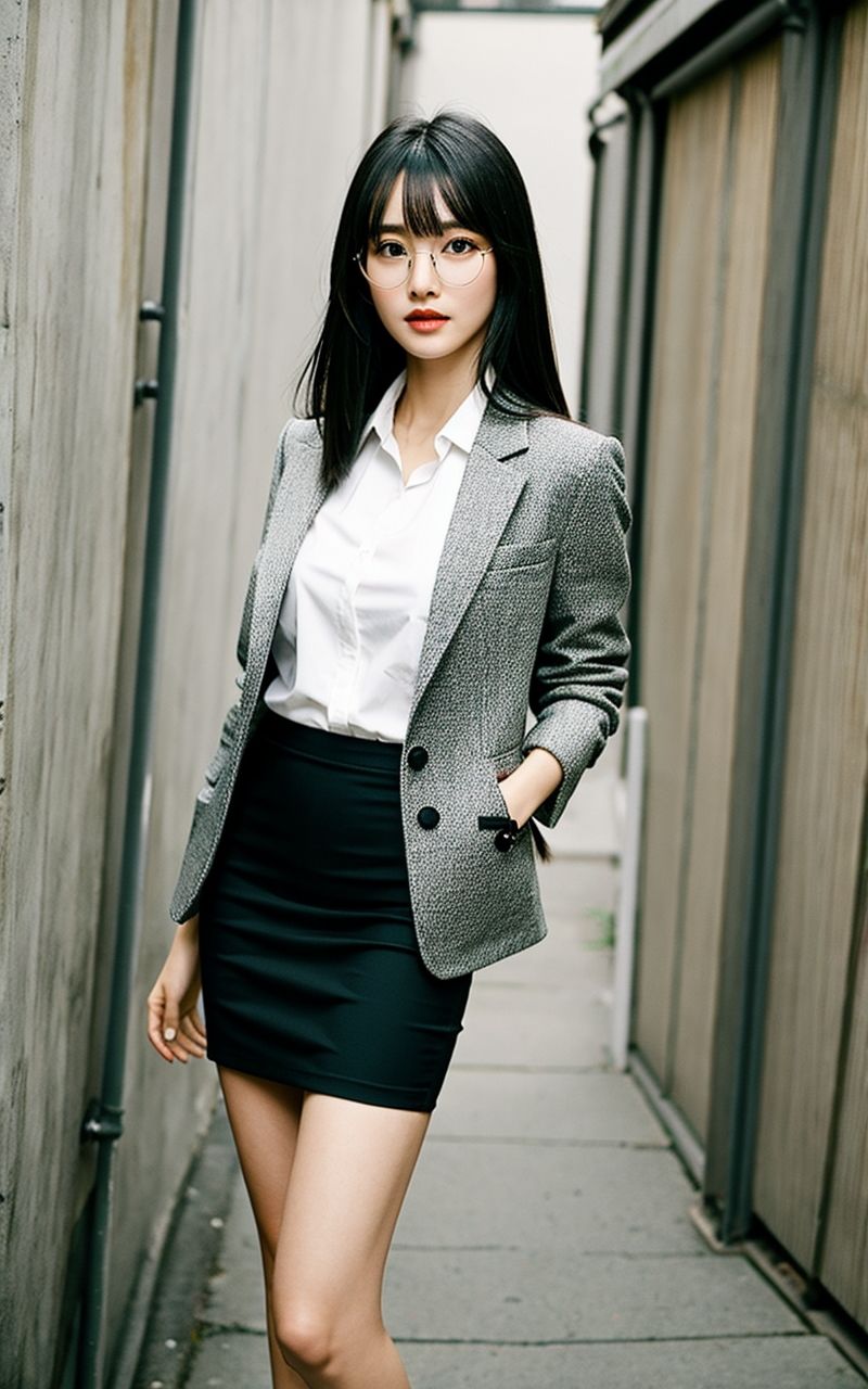 サンプル画像1:AI美女写真集┃眼鏡で階段の美女(AI美女写真集┃清楚な大人) [d_587589]