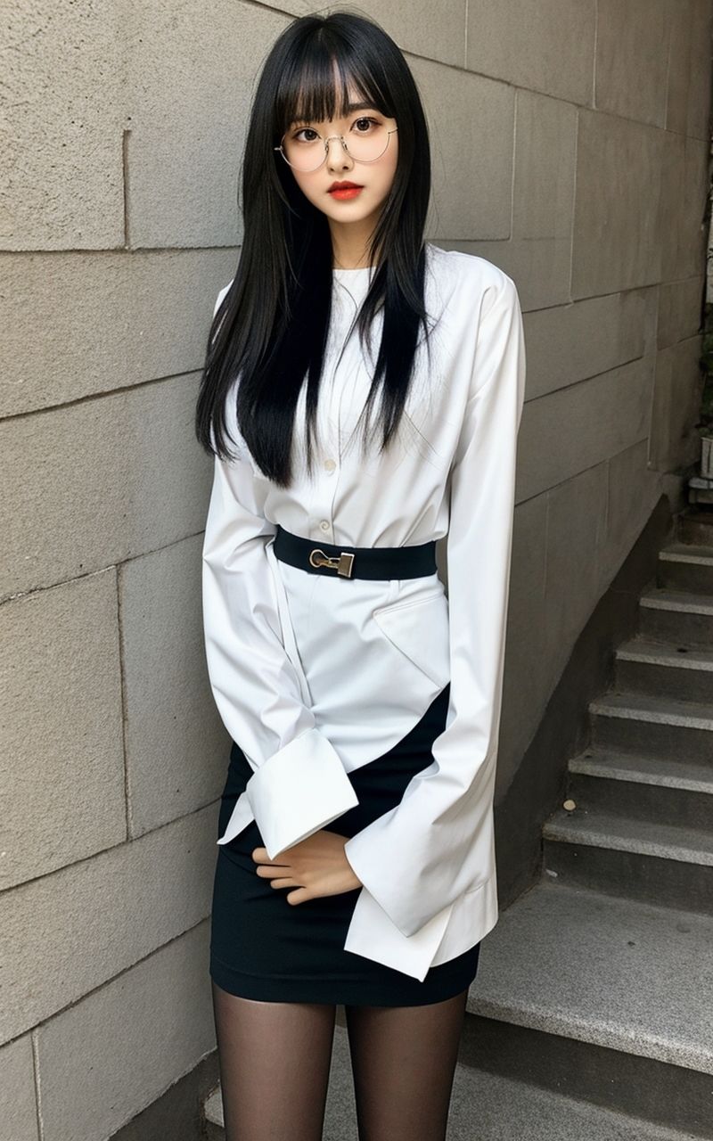 サンプル画像2:AI美女写真集┃眼鏡で階段の美女(AI美女写真集┃清楚な大人) [d_587589]