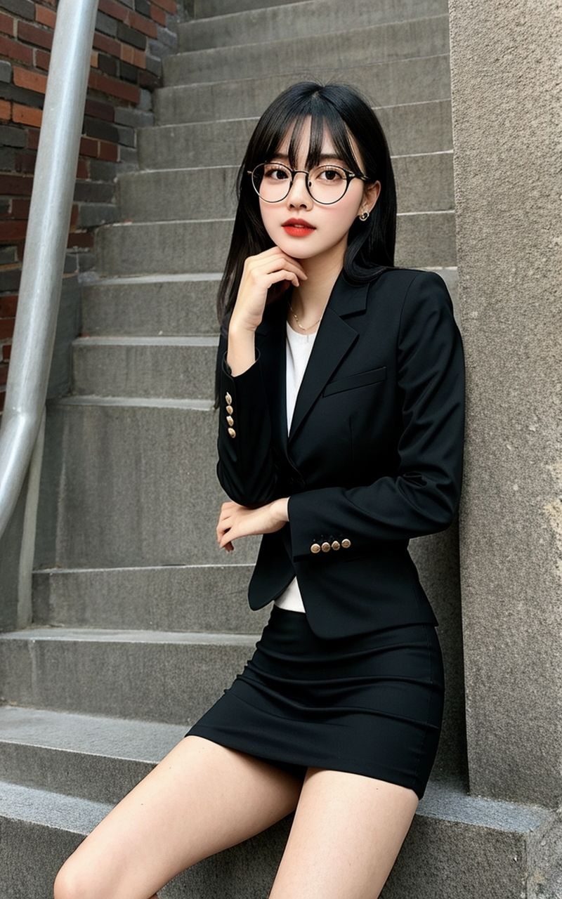 サンプル画像4:AI美女写真集┃眼鏡で階段の美女(AI美女写真集┃清楚な大人) [d_587589]