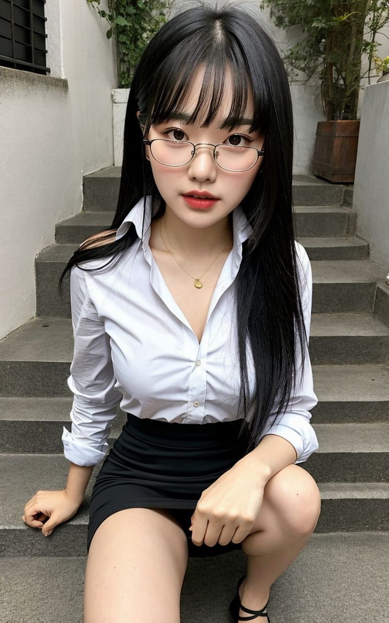 サンプル画像5:AI美女写真集┃眼鏡で階段の美女(AI美女写真集┃清楚な大人) [d_587589]