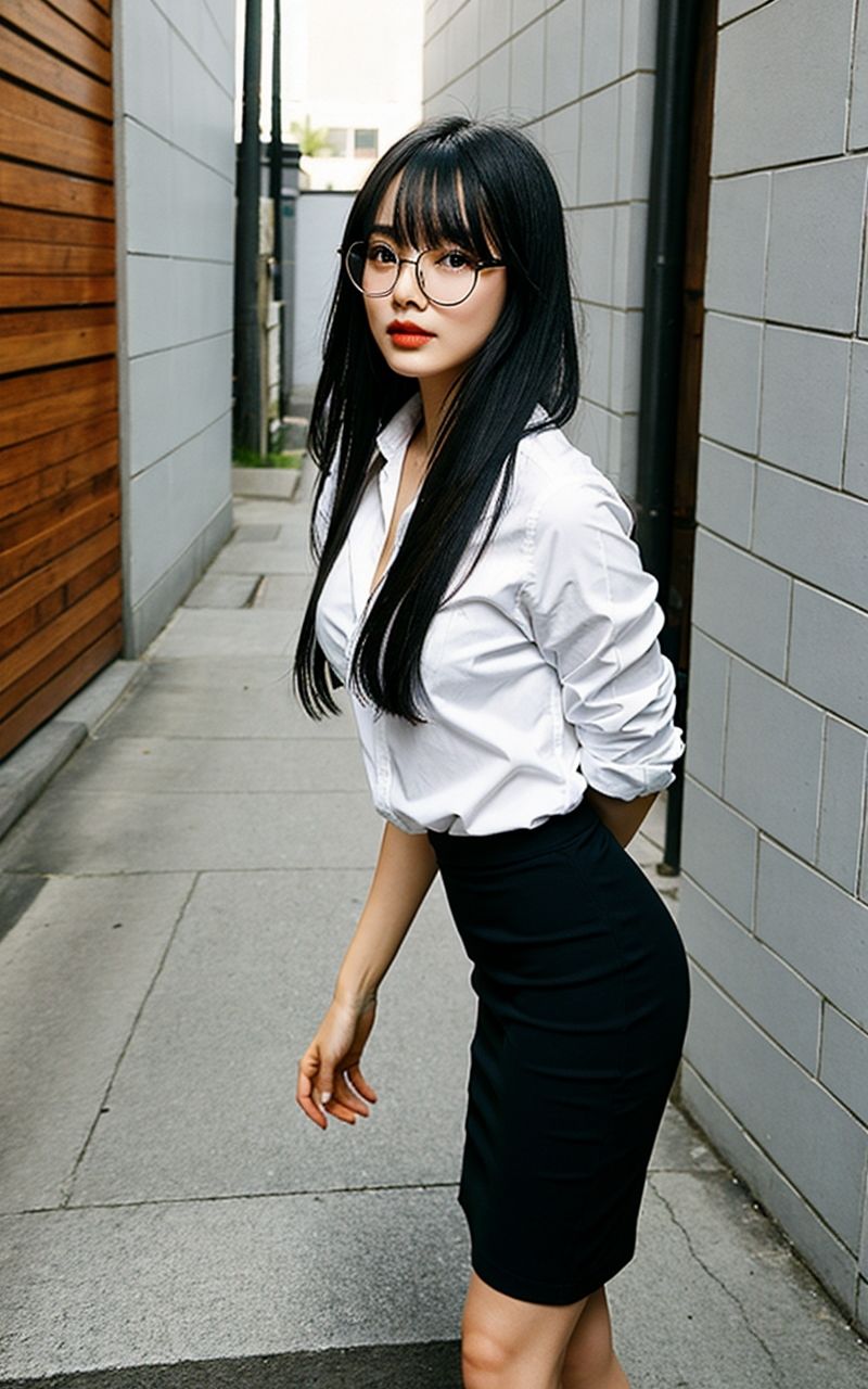 サンプル画像6:AI美女写真集┃眼鏡で階段の美女(AI美女写真集┃清楚な大人) [d_587589]