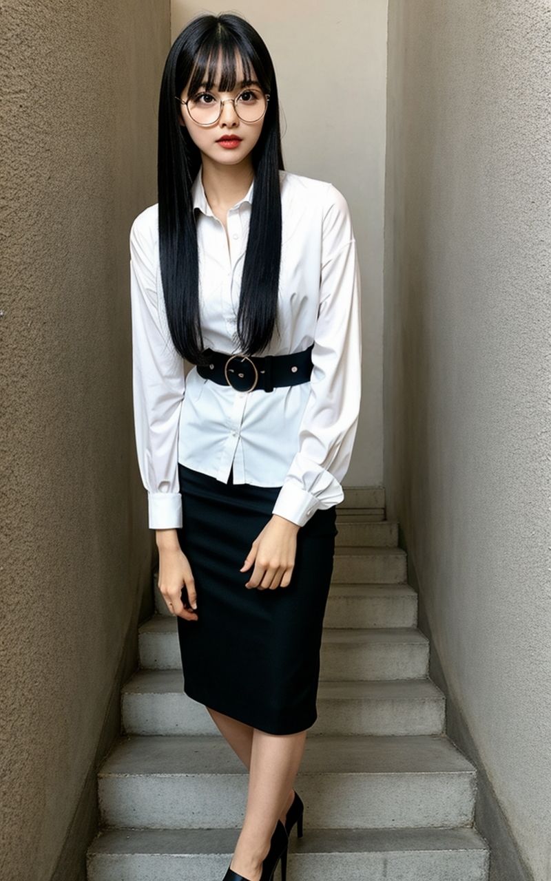 AI美女写真集┃眼鏡で階段の美女_8