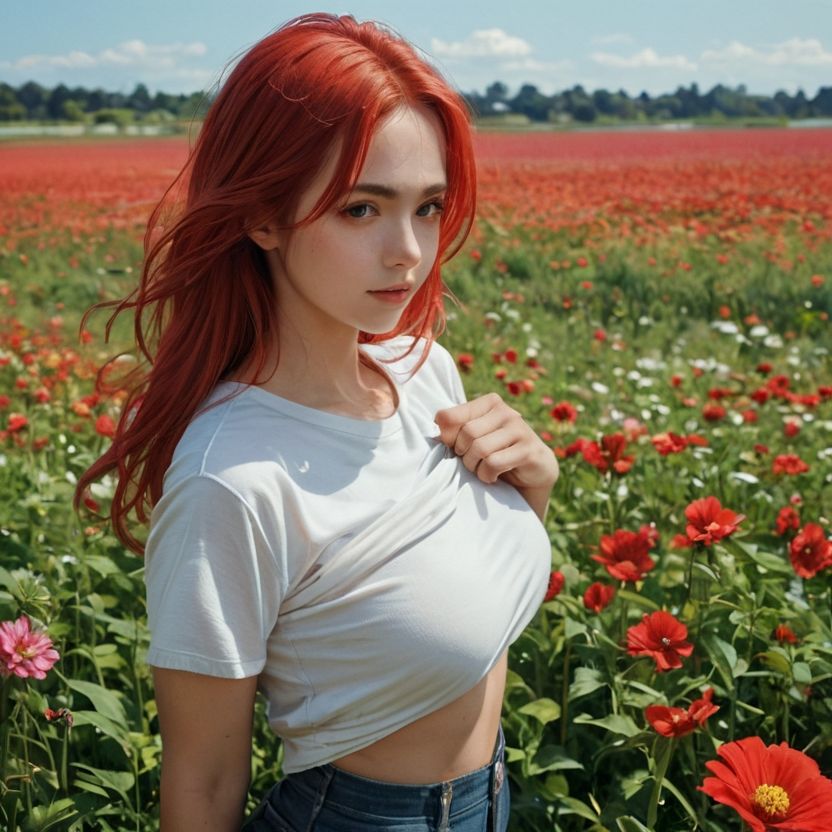 サンプル画像5:お花畑で赤髪女性がおっぱい露出（セリフなし  AI画像集）(シックススイートナイン) [d_588110]