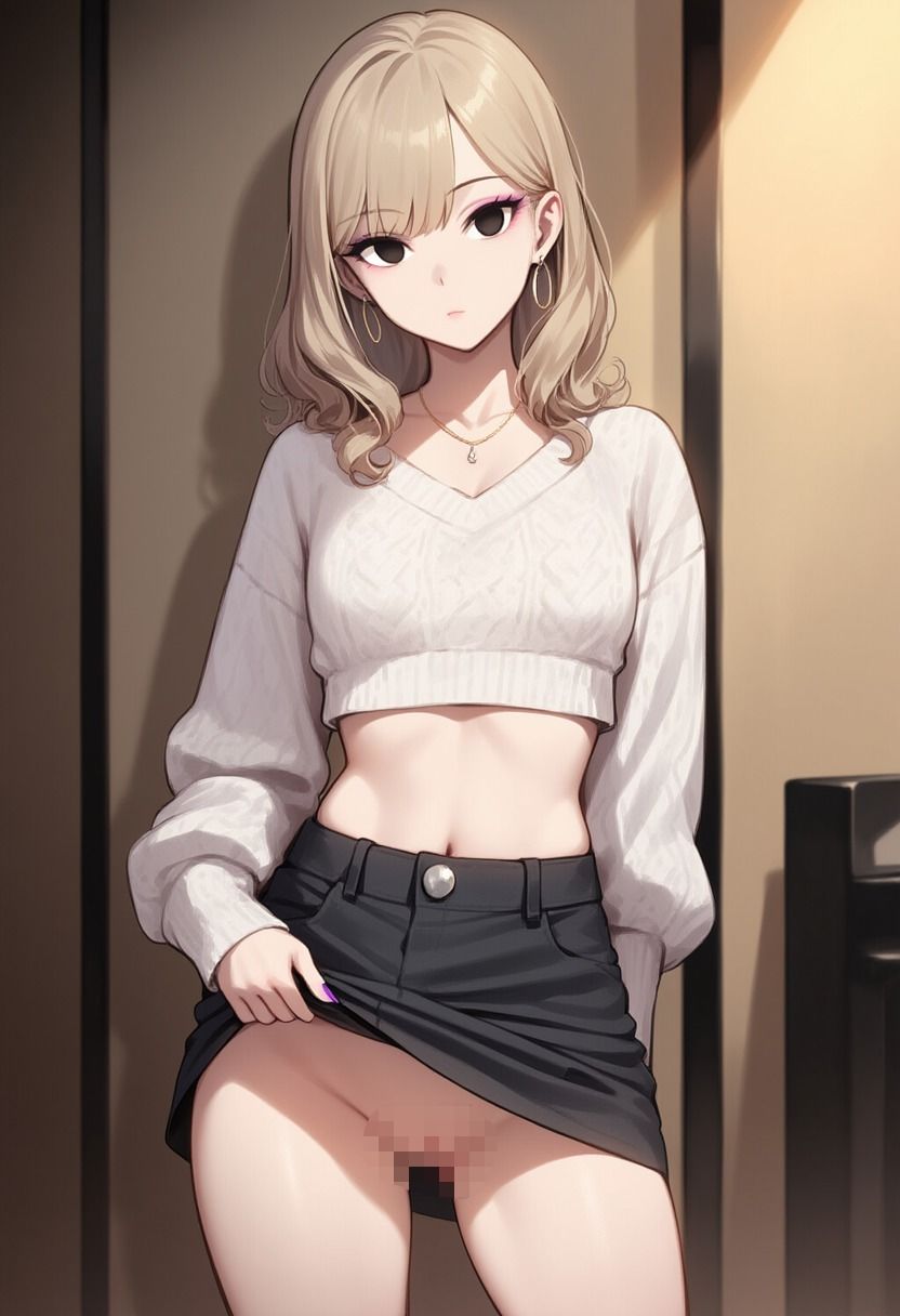 へそ出しギャルが催●にかかってスカートをたくし上げている画像 画像1