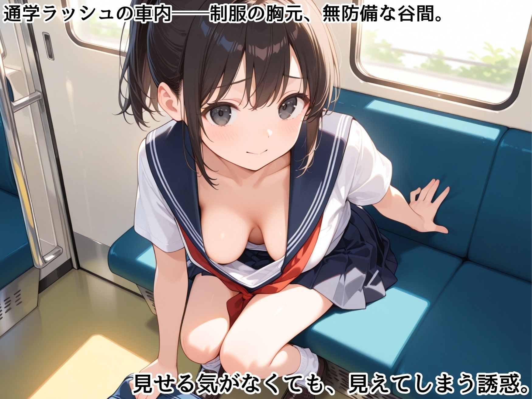 通勤電車で出会った巨乳制服美女の胸元が無防備すぎて、おじさん大暴走 画像2