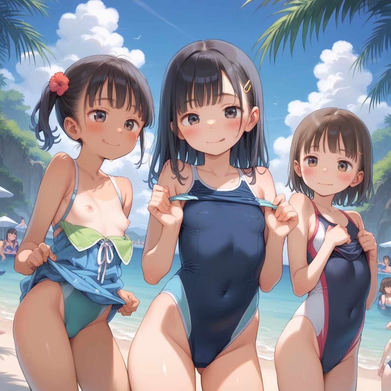 複数ヒロイン高画質 ちっぱいロリ×スク水ハーレム 画像1