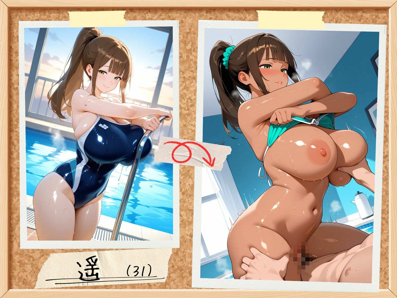 爆乳人妻<->褐色人妻変身!スク水&水着 画像9
