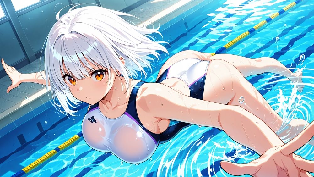 白髪紫髪の爆乳水泳部が顧問教師と白スク水で中出し交尾【4K】 画像5