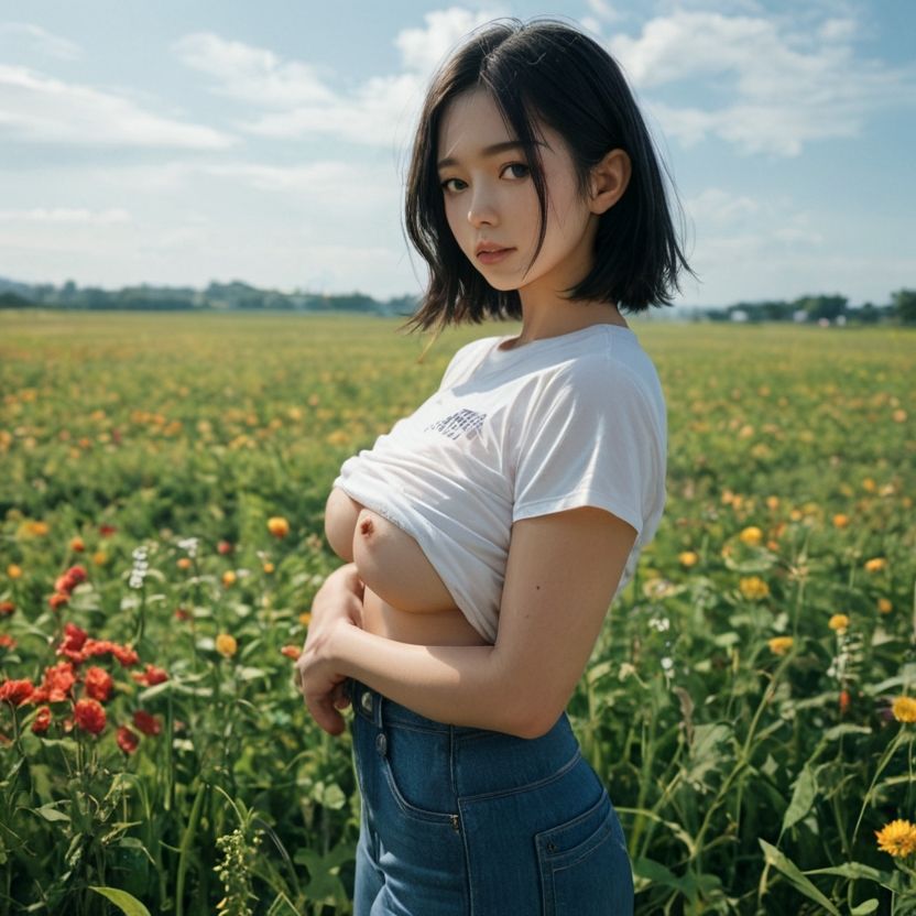 お花畑でおっぱいを露出するお姉さん（セリフなし  AI画像集） 画像6