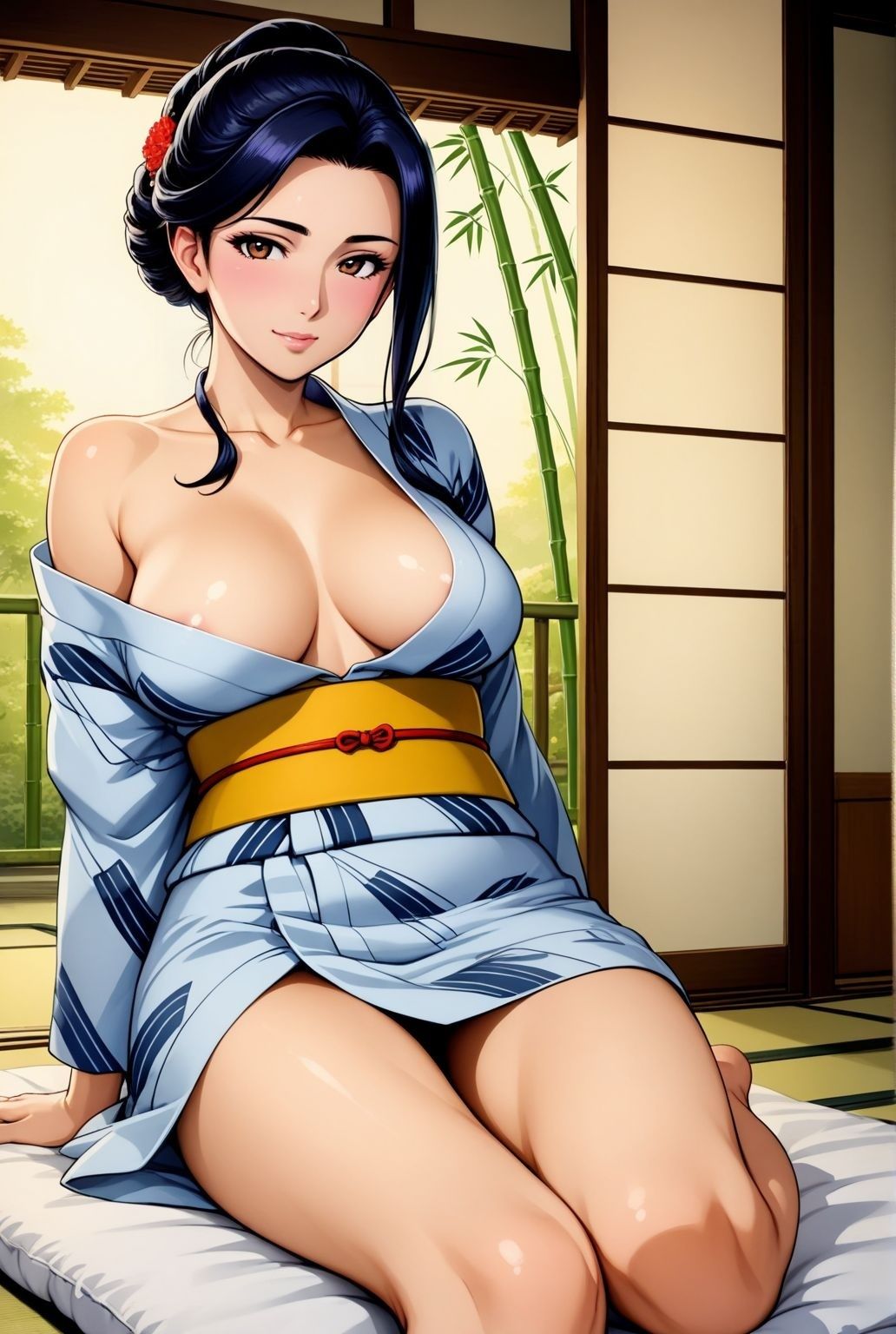静かな旅館の一室で はだけた浴衣の熟女女将が見せた誘惑 画像1