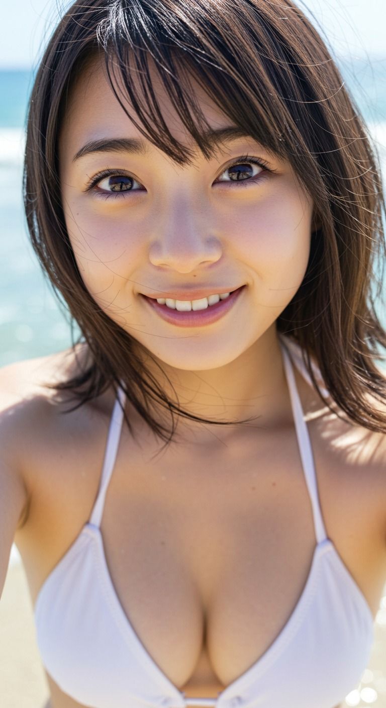 サンプル画像2:【AI水着美女】白ビキニ彼女と海セルフィーデート 50枚(nui) [d_615351]