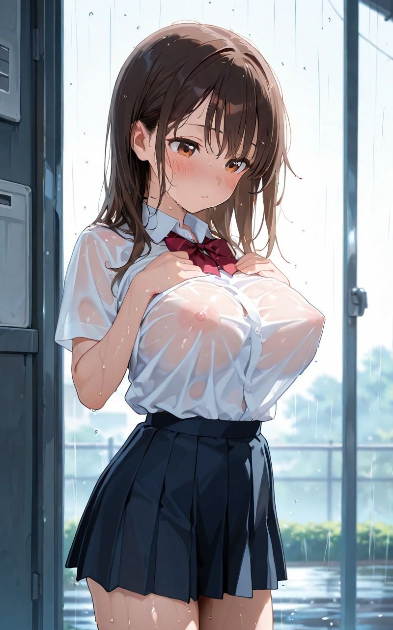 女子校生と雨宿り!びしょ濡れ種付けセックス 画像1