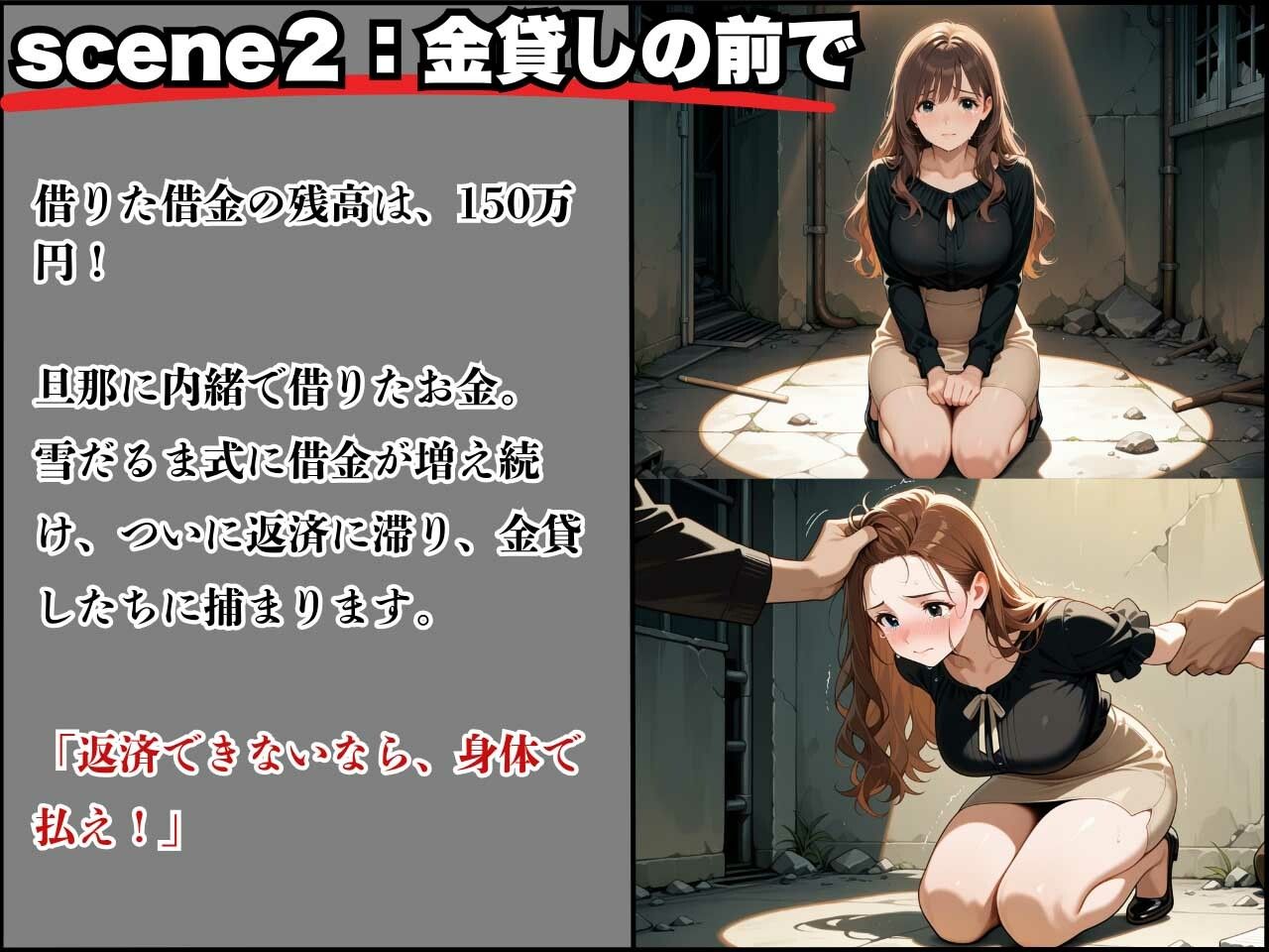 サンプル画像4:28歳のFカップ人妻OLが借金返済できず、夫専用まんこを抉られ肉便器堕ち！(制服物語) [d_629549]