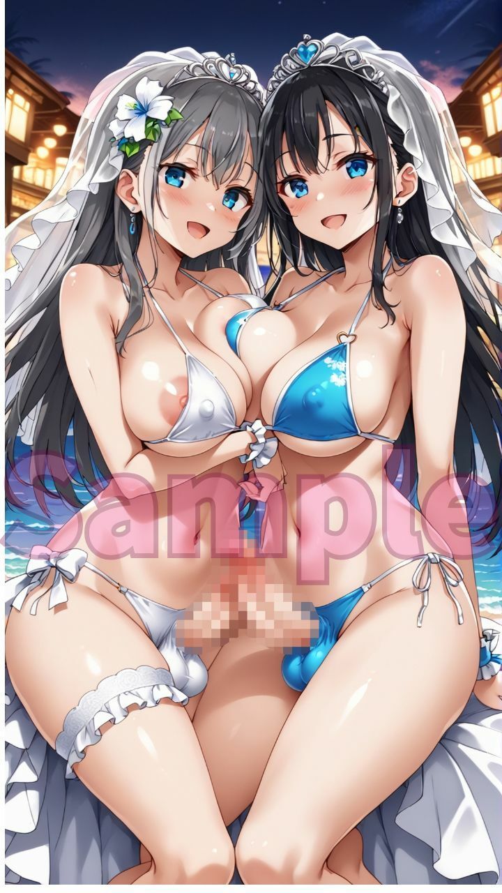 サンプル画像4:夏だ！海だ！水着ウェディングドレス＆ふたなり美女たちとビーチで大乱交パート1(楽園への誘い) [d_629696]
