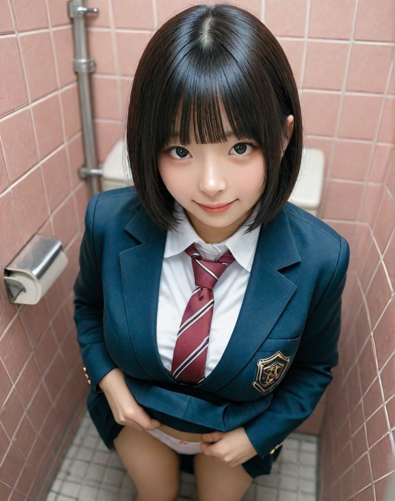 【実写風AI】女子トイレの個室に連れ込まれてスカートの中を見せつけられる180枚 画像1