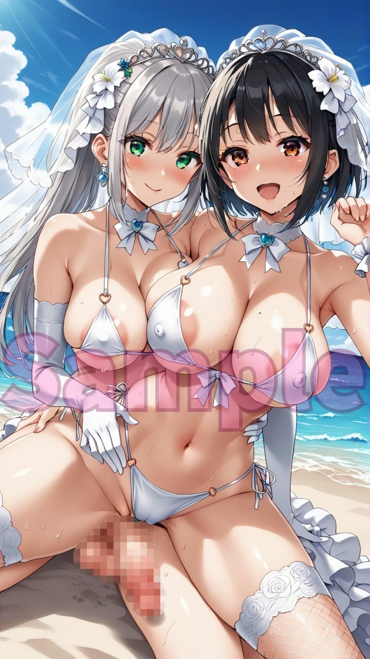 サンプル画像2:夏だ！海だ！水着ウェディングドレス＆ふたなり美女たちとビーチで大乱交パート2(楽園への誘い) [d_636087]