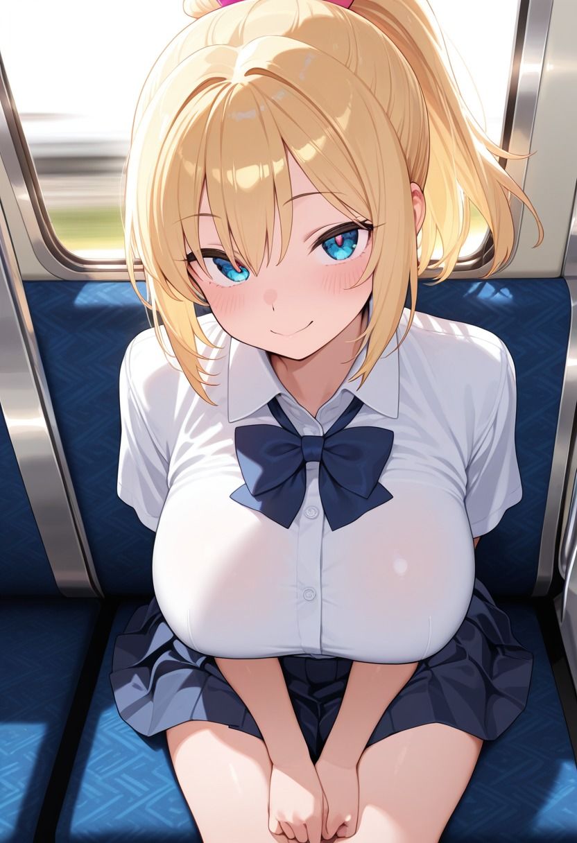 電車にエロい巨乳制服女子校生いたから俺のクソでかちんこ見せつけてやったらまさかの餓えたライオンのように食らいついてきた 画像1