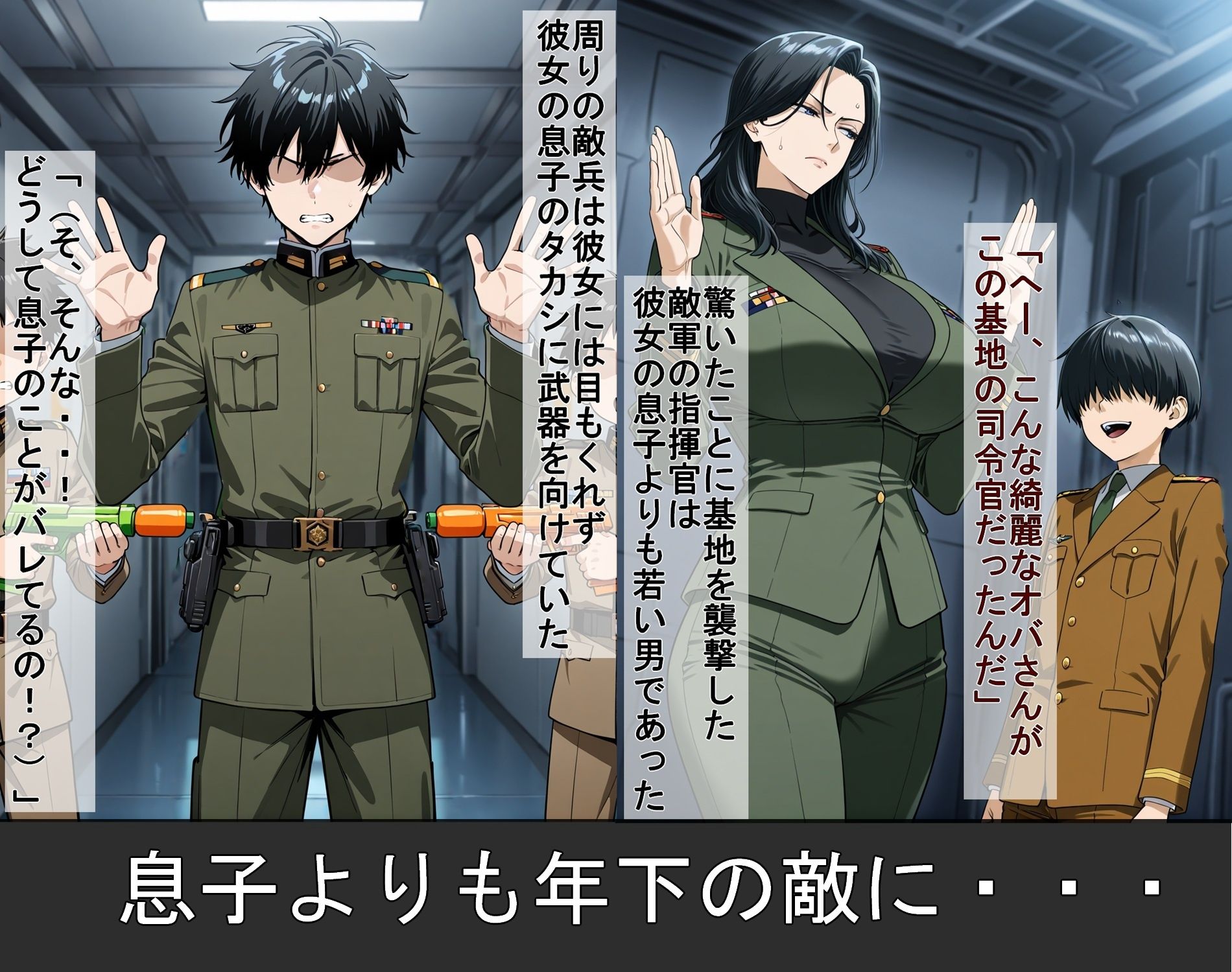 サンプル画像2:息子より年下の敵兵に捕まった女司令官(豚鬼オーク@AIイラスト) [d_637899]